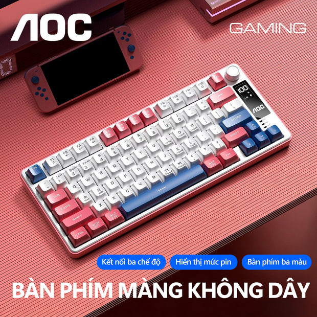 Bàn phím gaming không dây AOC GK300 77 phím, 3 chế độ (Bluetooth/2.4G/USB-C), LED RGB, pin 4000mAh, gõ êm chống ồn