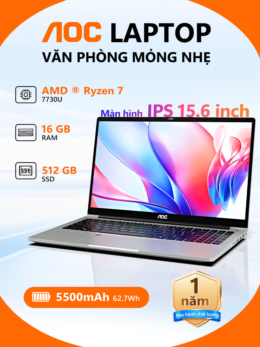 AOC Laptop giá rẻ 15.6 inch R7-7730U RAM 16GB, SSD 512GB mỏng nhẹ cho học tập, văn phòng - BH 1 năm