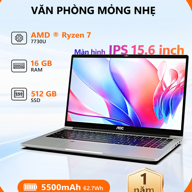 AOC Laptop giá rẻ 15.6 inch R7-7730U RAM 16GB, SSD 512GB mỏng nhẹ cho học tập, văn phòng - BH 1 năm