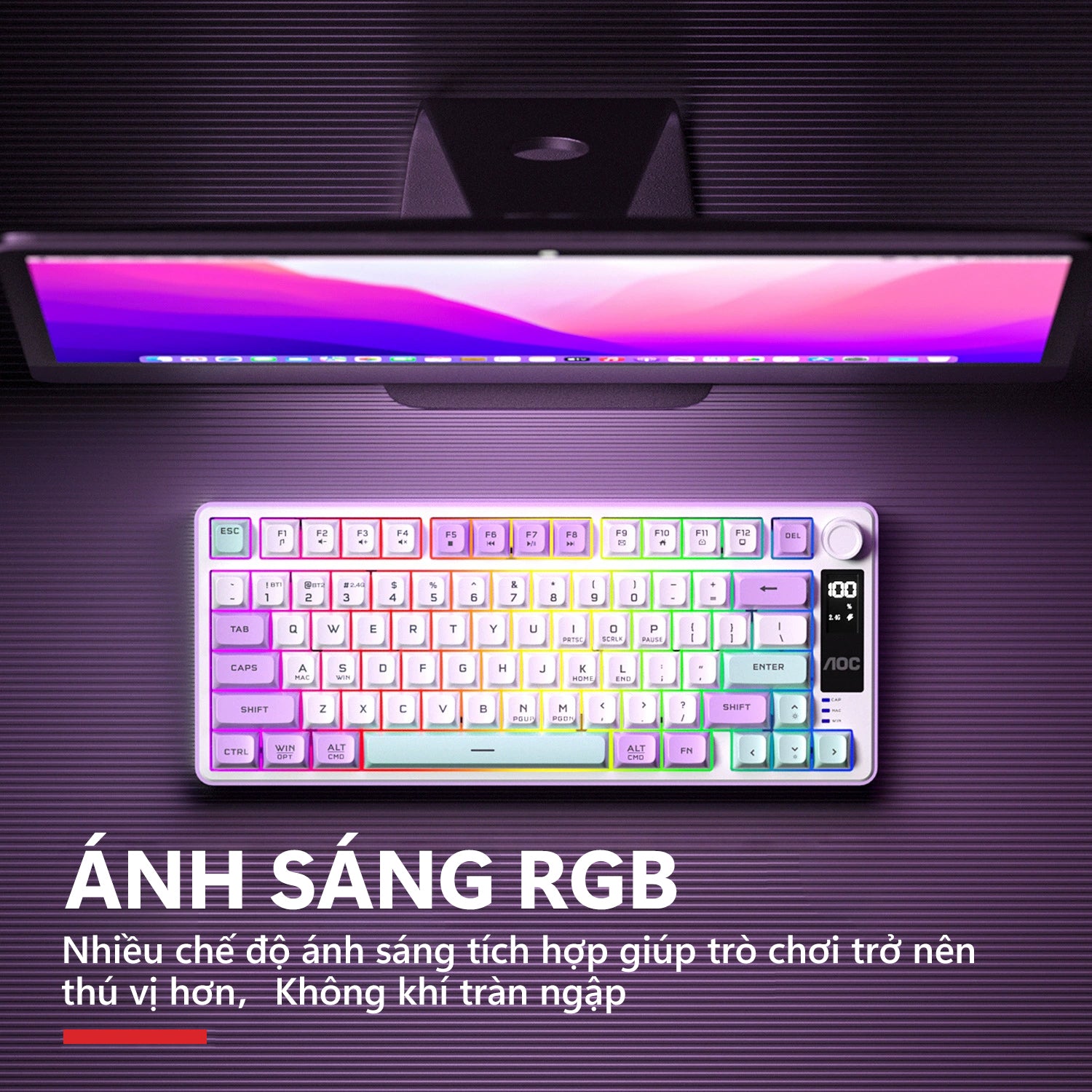 Bàn phím gaming không dây AOC GK300 77 phím, 3 chế độ (Bluetooth/2.4G/USB-C), LED RGB, pin 4000mAh, gõ êm chống ồn