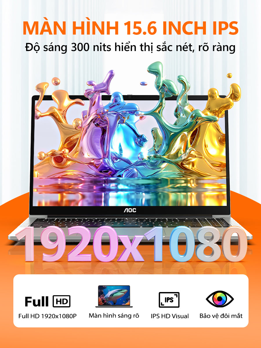 AOC Laptop giá rẻ 15.6 inch R7-7730U RAM 16GB, SSD 512GB mỏng nhẹ cho học tập, văn phòng - BH 1 năm