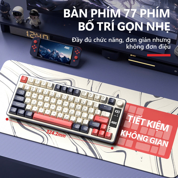 Bàn phím gaming không dây AOC GK300 77 phím, 3 chế độ (Bluetooth/2.4G/USB-C), LED RGB, pin 4000mAh, gõ êm chống ồn