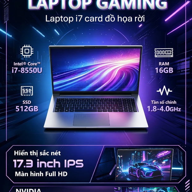 Laptop Gaming VIAMEI i7-8550U RAM 16GB SSD 512GB GTX 1060 6GB Màn 17.3 FHD Chơi Game Mượt