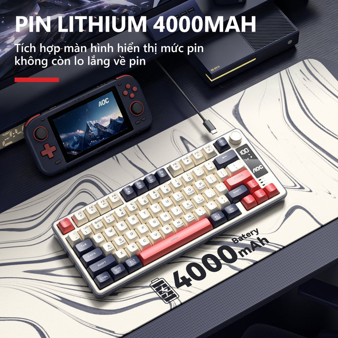 Bàn phím gaming không dây AOC GK300 77 phím, 3 chế độ (Bluetooth/2.4G/USB-C), LED RGB, pin 4000mAh, gõ êm chống ồn