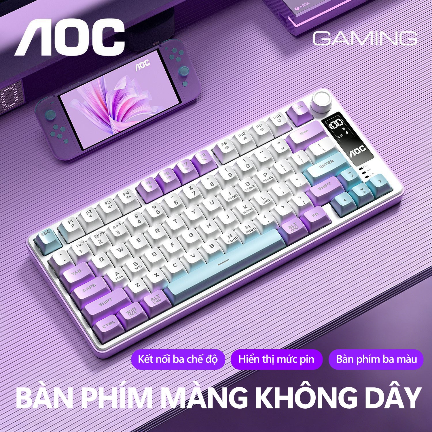 Bàn phím gaming không dây AOC GK300 77 phím, 3 chế độ (Bluetooth/2.4G/USB-C), LED RGB, pin 4000mAh, gõ êm chống ồn