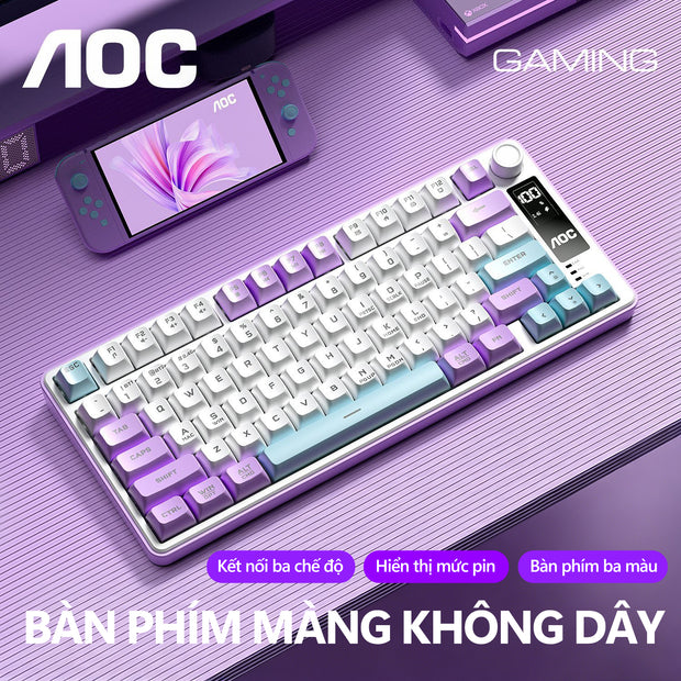 Bàn phím gaming không dây AOC GK300 77 phím, 3 chế độ (Bluetooth/2.4G/USB-C), LED RGB, pin 4000mAh, gõ êm chống ồn