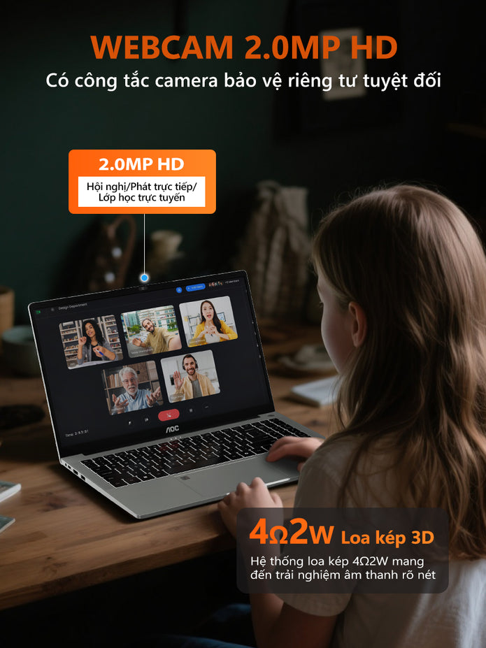 AOC Laptop giá rẻ 15.6 inch R7-7730U RAM 16GB, SSD 512GB mỏng nhẹ cho học tập, văn phòng - BH 1 năm