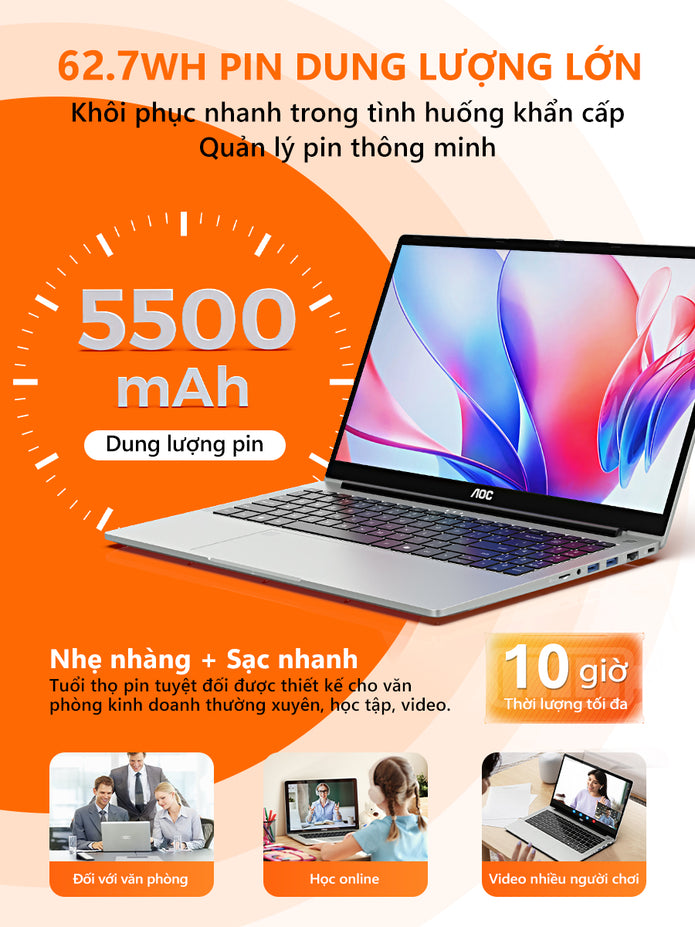 AOC Laptop giá rẻ 15.6 inch R7-7730U RAM 16GB, SSD 512GB mỏng nhẹ cho học tập, văn phòng - BH 1 năm