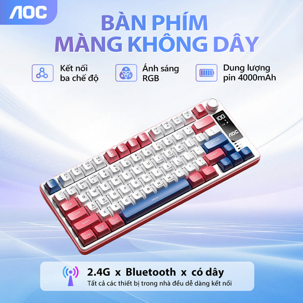Bàn phím gaming không dây AOC GK300 77 phím, 3 chế độ (Bluetooth/2.4G/USB-C), LED RGB, pin 4000mAh, gõ êm chống ồn